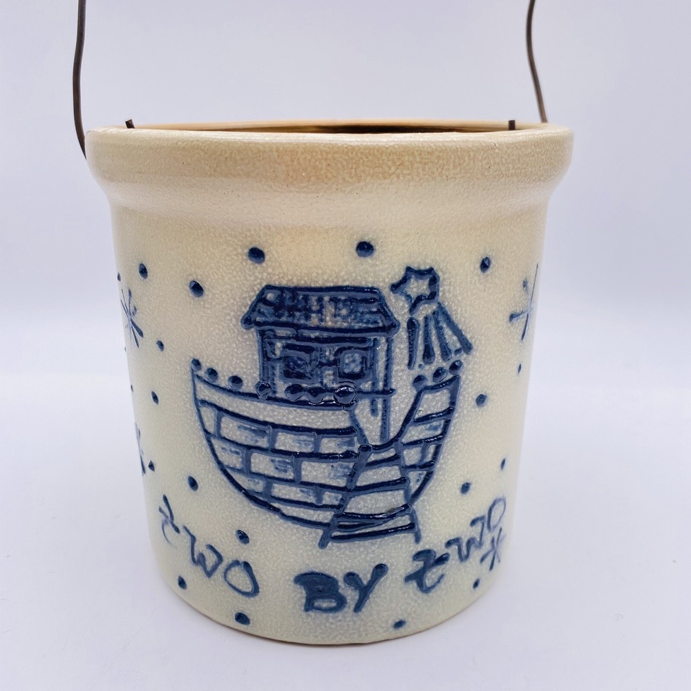 Maple City Pottery Crock‎ 2 By 2 Noah's Ark W/Handle Salt Glazed Primitive Farm